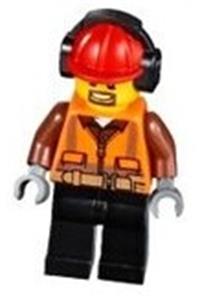 Cargo Center Worker - Orange Zipper, Safety Stripes, Belt, Brown Shirt, Black Legs, Red Construction Helmet, Headphones , Brown Moustache and Goatee cty0799