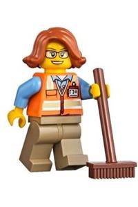 Cargo Center Worker Minifigure - Female cargo office worker with dark orange short swept sideways hairstyle, wearing an orange safety vest with reflective stripes, glasses, and dark tan legs - cty0801