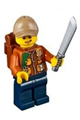 A City Jungle Explorer with a dark orange jacket with pouches, dark blue legs, dark tan cap with hole, backpack, and a lopsided grin - cty0805