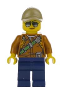 City Jungle Explorer Female - Female city jungle explorer in a dark orange shirt with green strap, dark blue legs, dark tan cap with hole, and sunglasses - cty0808