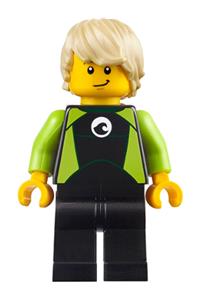 Surfer Minifigure - Surfer in city coast guard attire with black and lime wetsuit and tan wavy hair - cty0811