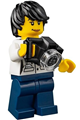 Female city jungle scientist wearing a white lab coat with sunglasses, dark blue legs, and black tousled hair - cty0814