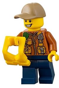 City Jungle Explorer Minifigure - Jungle explorer wearing a dark orange jacket with pouches, dark blue legs, a dark tan cap with a hole, and a life jacket center buckle, sporting a big smile - cty0816