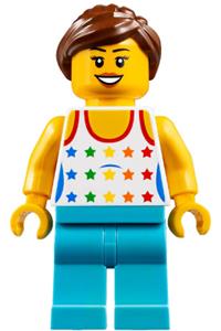 Female Minifigure - Minifigure with a shirt featuring a female rainbow stars pattern, medium azure legs, reddish brown ponytail hair, and black eyebrows - cty0819