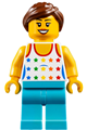 Minifigure with a shirt featuring a female rainbow stars pattern, medium azure legs, reddish brown ponytail hair, and black eyebrows - cty0819