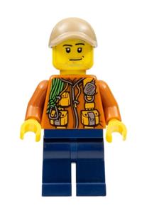 City Jungle Explorer Minifigure - Jungle explorer with a dark orange jacket with pouches, dark blue legs, dark tan cap, smirk, and stubble beard - cty0820