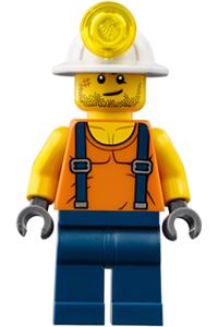 Miner Minifigure - Miner with a shirt with straps, dark blue legs, wearing a mining helmet with stubble and a scar - cty0846