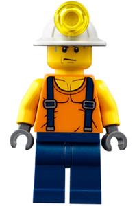 Miner Minifigure - Miner with a shirt with straps, dark blue legs, mining helmet, and sweat drops - cty0847