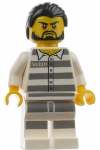 Jail Prisoner Minifigure - A jail prisoner in mountain police attire with prison stripes, black hair, and a beard - cty0871