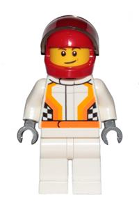 Race Car Driver, White Race Suit with Orange Stripes and Checkered Pattern, Red Helmet, Crooked Smile with Brown Dimple cty0874