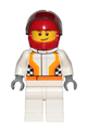 Race Car Driver, White Race Suit with Orange Stripes and Checkered Pattern, Red Helmet, Crooked Smile with Brown Dimple - cty0874