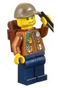 City Jungle Explorer Minifigure - Jungle explorer with dark orange jacket with pouches, dark blue legs, dark tan cap with hole, smirk and stubble beard, and backpack - cty0886