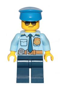 Police Officer Minifigure - City police officer wearing a police hat, sunglasses, a city officer shirt with dark blue tie and gold badge, dark tan belt with radio, and dark blue legs - cty0888