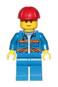 Male in Blue Jacket with Orange Stripes - Minifigure with blue jacket featuring diagonal lower pockets and orange stripes, blue legs, and a red construction helmet - cty0889