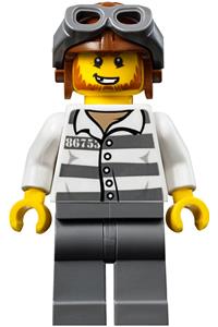 Jail Prisoner Minifigure - A jail prisoner in mountain police attire, wearing prison stripes, an aviator helmet, and a backpack with money - cty0890