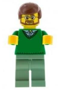 Male in V-Neck Sweater Minifigure - Minifigure with reddish-brown hair and beard, wearing a green v-neck sweater and sand green legs - cty0893
