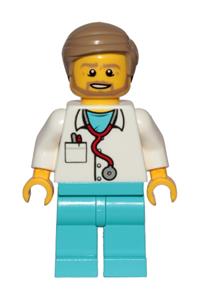 Doctor Minifigure - Doctor with medium azure legs, wearing a stethoscope, dark tan smooth hair, and a beard - cty0898