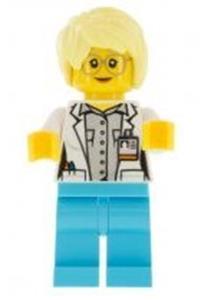 Female Hospital Worker Minifigure - Minifigure with a white shirt over a light bluish gray shirt, name tag, medium azure legs, bright light yellow female hair, and glasses - cty0901