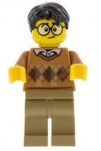 Male Minifigure - Minifigure with black hair wearing a medium nougat argyle sweater, large round glasses, and dark tan legs - cty0902