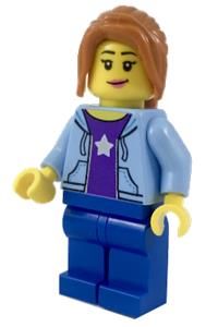 Hiker Female Minifigure - Female hiker with a bright light blue hoodie over a dark purple star shirt, and a dark orange ponytail long with side bangs - cty0911