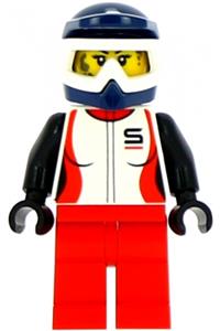 Trail Cyclist Minifigure - Female trail cyclist wearing a red and white race jacket with a dark blue dirt bike helmet - cty0916
