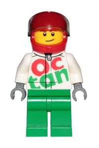 Race Car Driver Minifigure - Race car driver in a white Octan race suit with a silver zipper, wearing a red helmet with a trans-black visor and a lopsided smile - cty0922