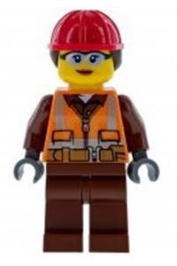 Construction Worker Minifigure - Female construction worker with a ponytail under a helmet and wearing sunglasses - cty0934