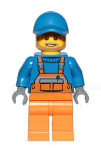 Worker in Orange Overalls - Minifigure wearing overalls with safety stripe in orange, blue short bill cap, dark tan angular beard, and orange legs - cty0945