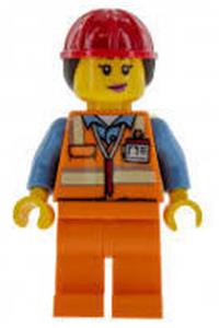 Airport Luggage Handler Minifigure - Female airport luggage handler wearing a red helmet with ponytail and an orange reflective uniform - cty0950