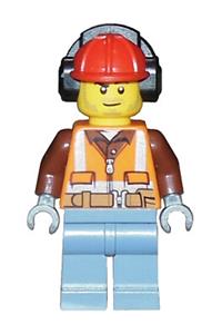 Construction Worker - Orange Zipper, Safety Stripes, Belt, Brown Shirt, Sand Blue Legs, Red Construction Helmet, Headphones, Slight Smile, Stubble cty0955