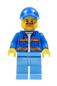 Garbage Worker Minifigure - Male garbage worker wearing a blue jacket with diagonal lower pockets and orange stripes, light blue legs, and a blue cap - cty0956