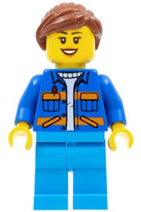 Garbage Worker Minifigure - Female garbage worker with a blue jacket featuring diagonal lower pockets and orange stripes, dark azure legs, and a reddish brown ponytail - cty0957