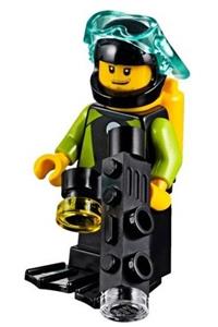 Diver Minifigure - Male diver in a black wetsuit with white logo, black flippers, and carrying a yellow scuba tank - cty0958