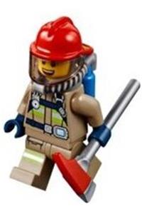 Firefighter Minifigure - Minifigure in a dark tan suit with red fire helmet, reflective stripes, open mouth, and breathing neck gear with blue air tanks - cty0960