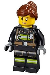 Firefighter Minifigure - Minifigure with red fire helmet, peach lips closed mouth smile, and reflective stripes with utility belt - cty0963