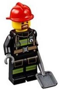 Firefighter Minifigure - Minifigure wearing a red fire helmet with reflective stripes, a utility belt, and a brown goatee - cty0966