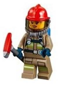 Fire - Reflective Stripes, Dark Tan Suit, Red Fire Helmet, Open Mouth with Peach Lips and Dirty Face, Breathing Neck Gear with Blue Airtanks cty0967