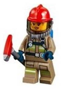 Firefighter Minifigure - Minifigure with reflective stripes, wearing a dark tan suit, a red fire helmet, and breathing neck gear with blue tanks - cty0967