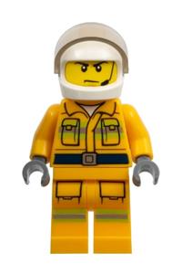 Firefighter Minifigure - Minifigure wearing a bright light orange suit with reflective stripes, white helmet, displaying a scowl - cty0968