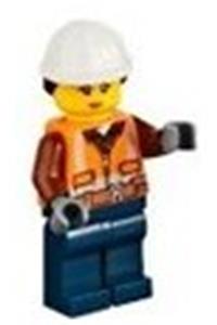 Construction Worker Minifigure - Female construction worker with ponytail helmet and closed mouth with peach lips - cty0969
