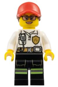 Firefighter Minifigure - Female firefighter with a white shirt featuring a fire logo badge and belt, reflective stripes on black legs, and a red cap with ponytail - cty0970