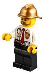 Firefighter Minifigure - Minifigure wearing a white shirt with tie and belt, a radio, black legs, and a gold fire helmet - cty0973