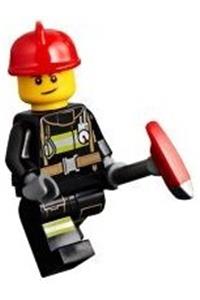 Firefighter Minifigure - Minifigure with reflective stripes, utility belt, red fire helmet, and lopsided smile - cty0975