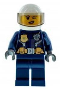 Helicopter Pilot Minifigure - City Helicopter Pilot with a gold badge, utility belt, white helmet, dark blue legs, peach lips, crooked smile, and freckles - cty0976