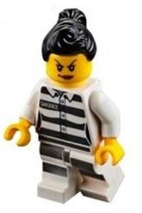 Jail Prisoner Minifigure - Female Sky Police Jail Prisoner 50382 minifigure with scowl, peach lips, black ponytail, and prison stripes - cty0979