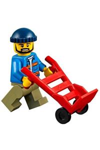 Dock Worker Minifigure - Male dock worker wearing a blue jacket with diagonal lower pockets and orange stripes, olive green legs, and a dark blue knit cap - cty0996