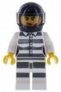 Jail Prisoner Minifigure - Female prisoner with prison stripes, scowling face with red lips, wearing a black helmet - cty0998