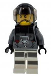 Jail Prisoner Minifigure - Minifigure wearing a jail prisoner jacket over prison stripes with a neck bracket for a parachute - cty0999