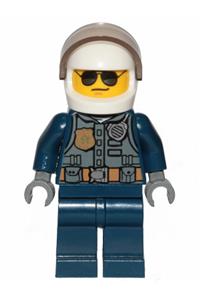 Police Officer Pilot Minifigure - City pilot police minifigure with white helmet, sunglasses, dark blue legs, and jacket with dark bluish gray vest - cty1001