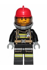 Firefighter Minifigure - Firefighter with reflective stripes, stubble beard, red helmet, and breathing neck gear with blue airtanks - cty1004